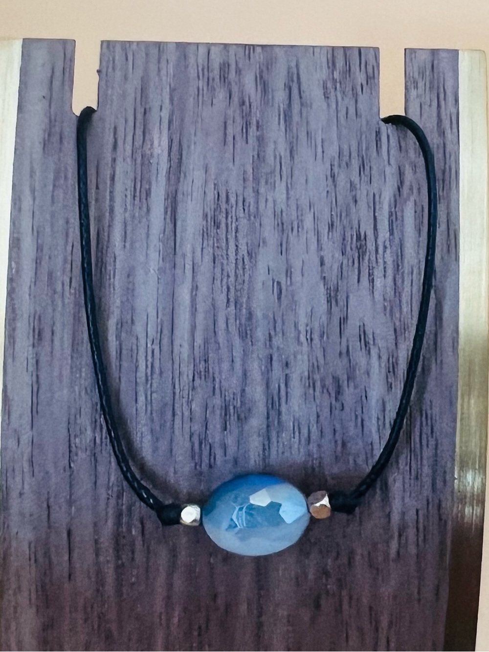 Faceted blue crystal choker black leather & gold tone